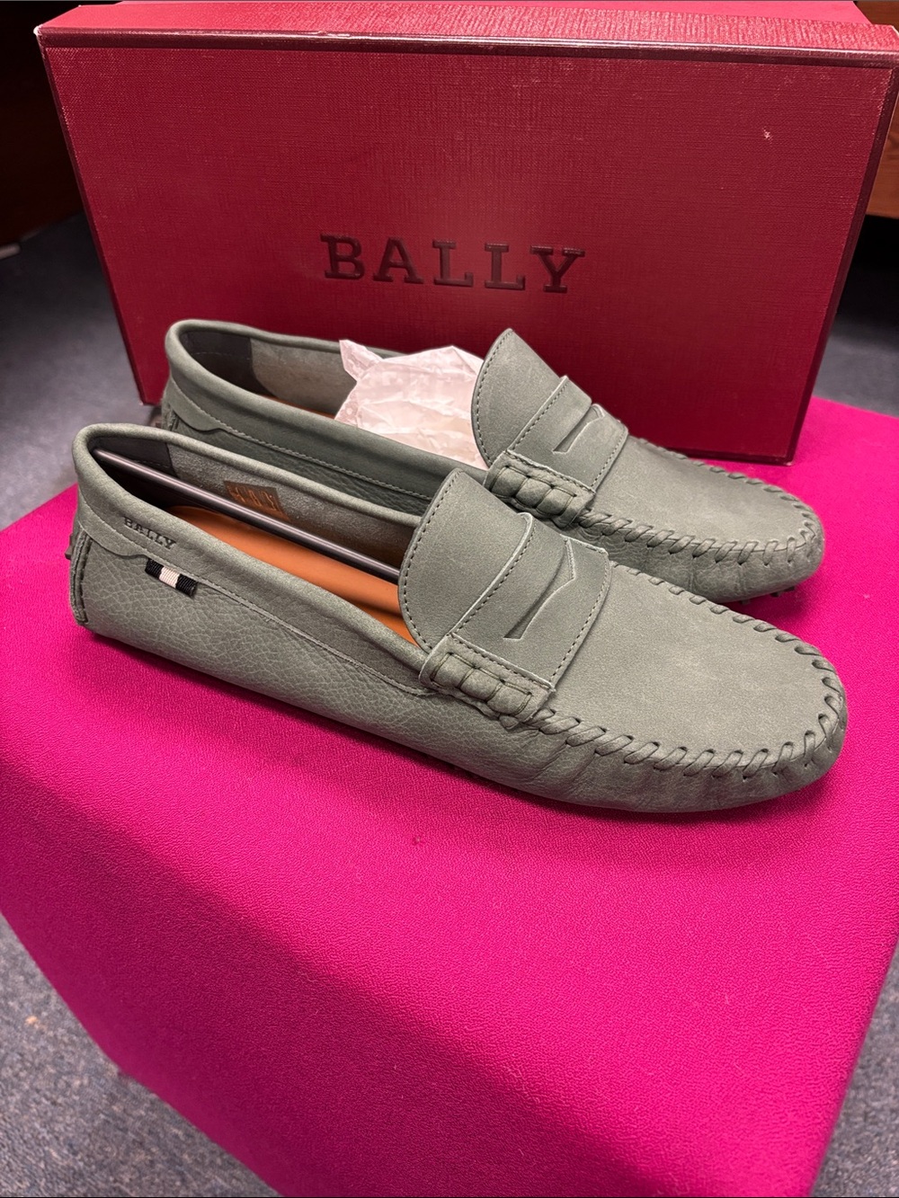 Bally Olive Green Suede Penny Loafers